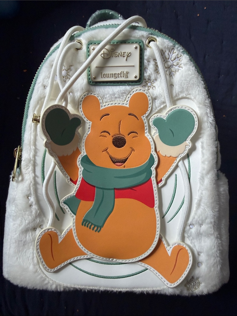 Loungefly White Faux-Fur Winnie the Pooh Snow Angel Backpack with Green Accents